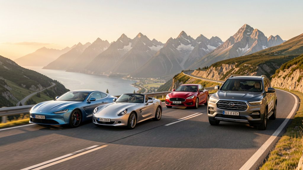 Alignement élégant d’un coupé, d’un roadster, d’une compacte et d’un SUV sportifs sur une route panoramique de montagne.