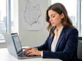 Jeune professionnelle française préparant un CV en anglais devant un ordinateur, avec une carte de l’Ontario et la silhouette de Toronto en arrière-plan.